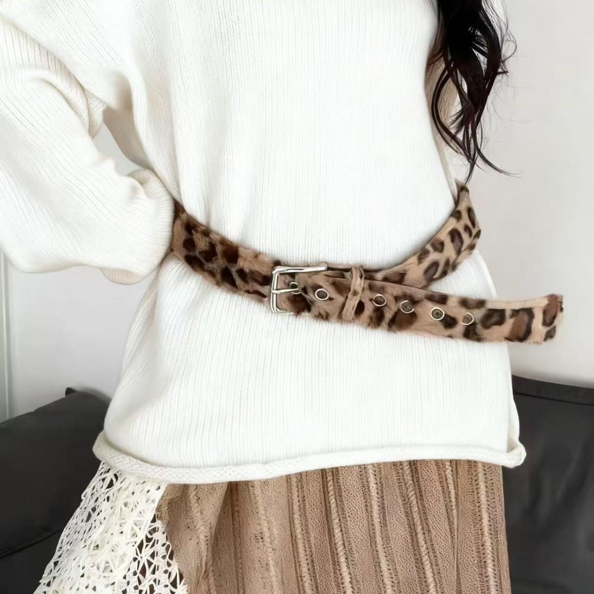 1 Piece Gray Leopard Print Furry Belt, Sweet & Cool Style, For Daily Streetwear & Denim Outfits