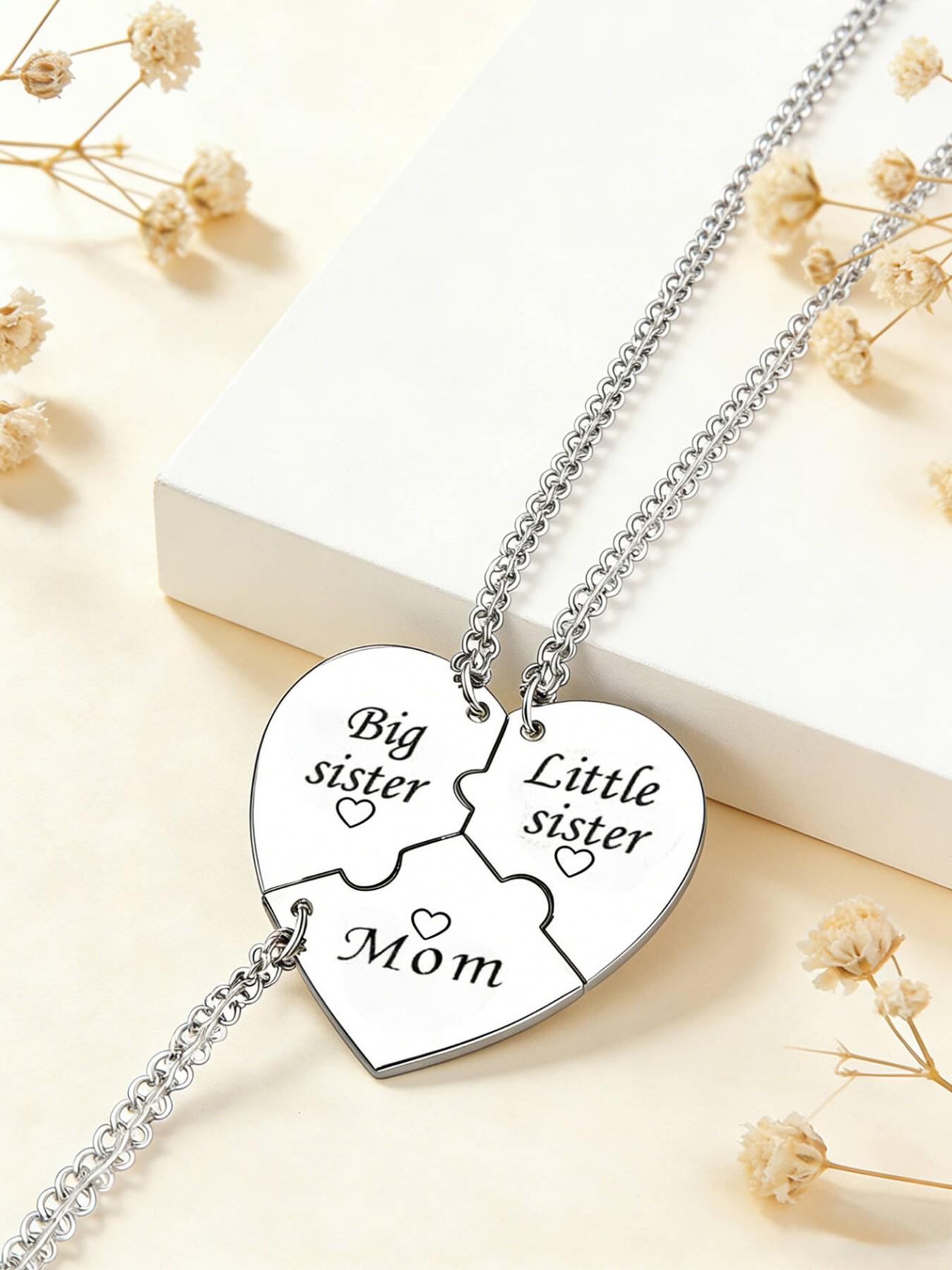 Set Of 3 Mother Sister Brother Heart Pendant Necklaces Stainless Steel Matching Family Love Jewelry Gifts