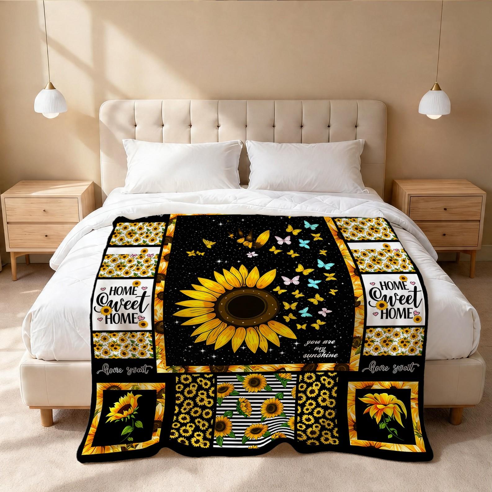 Sunflower Themed Flannel Throw Blanket, Single-Side HD Printed, Retro Farmhouse Style, Soft & Lightweight Multi-Use Blanket for Napping, Camping, Picnics & Home Decor, Suitable for Teens & Adults, Heartfelt Gift for Her