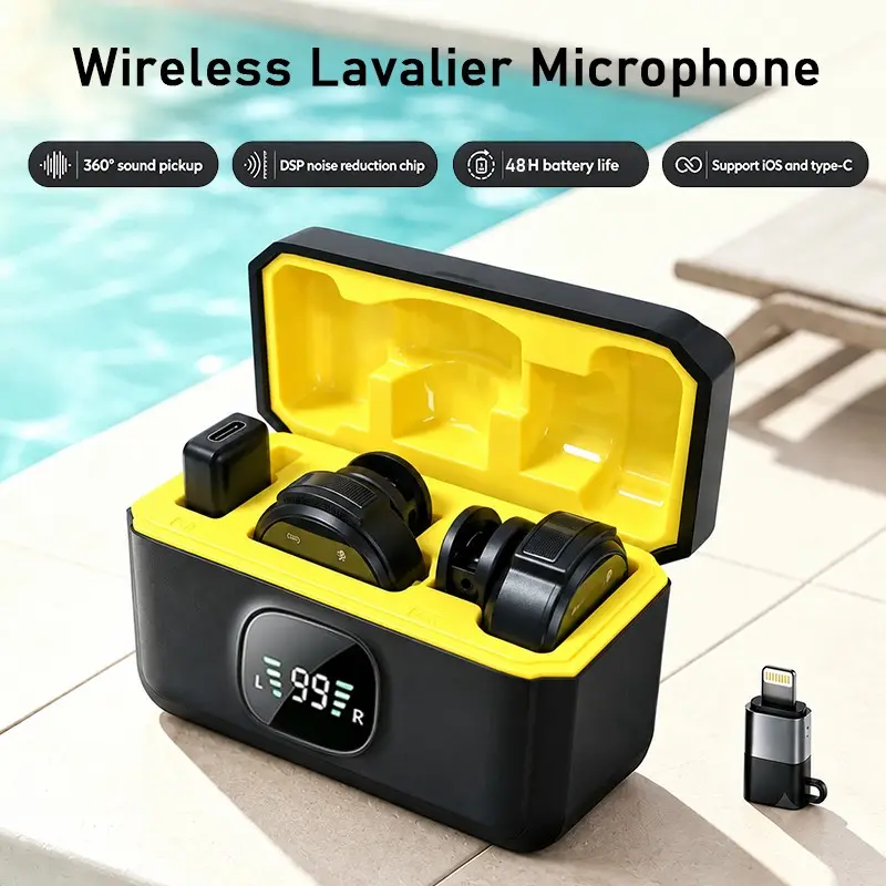 Black Portable Wireless Lavalier Microphone with Noise Reduction, Charging Case, Clip-On Lapel Receiver - USB Type C Plug-and-Play Wearable Equipment for Vlogging, Streaming, Live Podcast (iPhone, IPad, Android Smartphones)