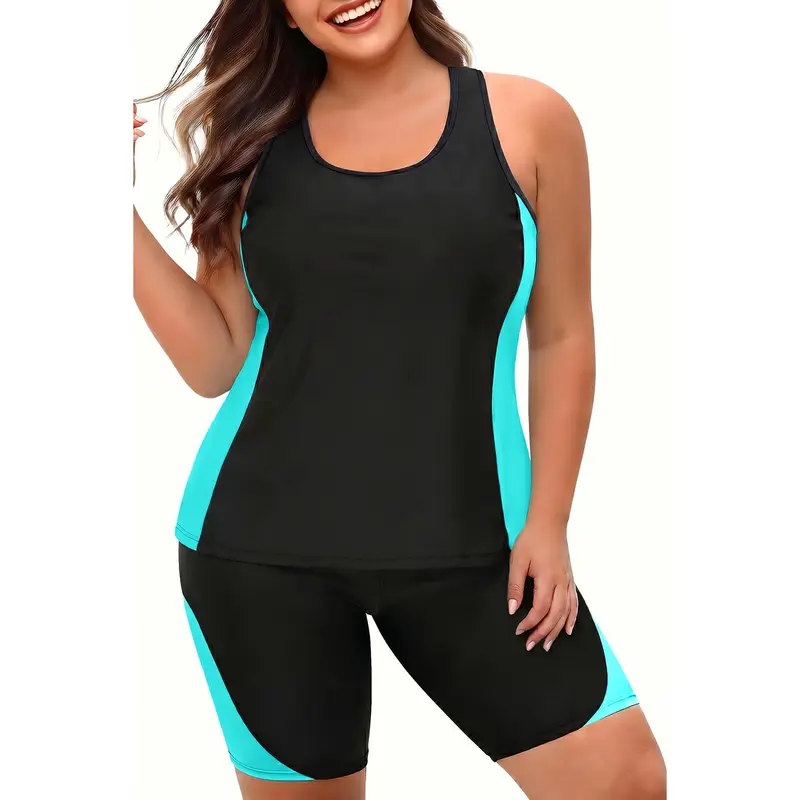 Daci Women Plus Size Tankini Swimsuit Two Piece Tummy Control Bathing Suit Athletic Racerback Swimwear with Boyshort