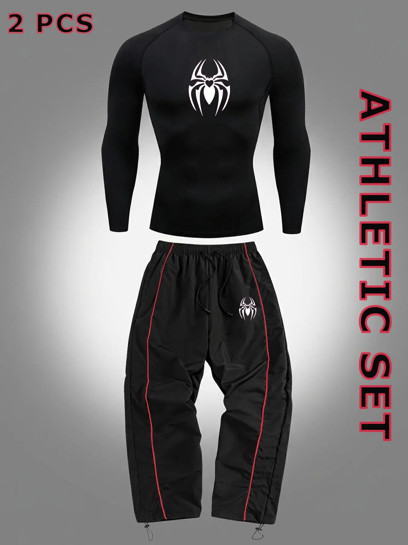 Heart Spider Print 2-Piece Athletic Set, Casual Fitness Tracksuit for Men, Spring Fall Workout Running, Crew Neck Long Sleeve Compression Shirt + Athleisure Trousers Sweatpants Elastic Waist Pants with Adjustable Cuffs & Side Stripes