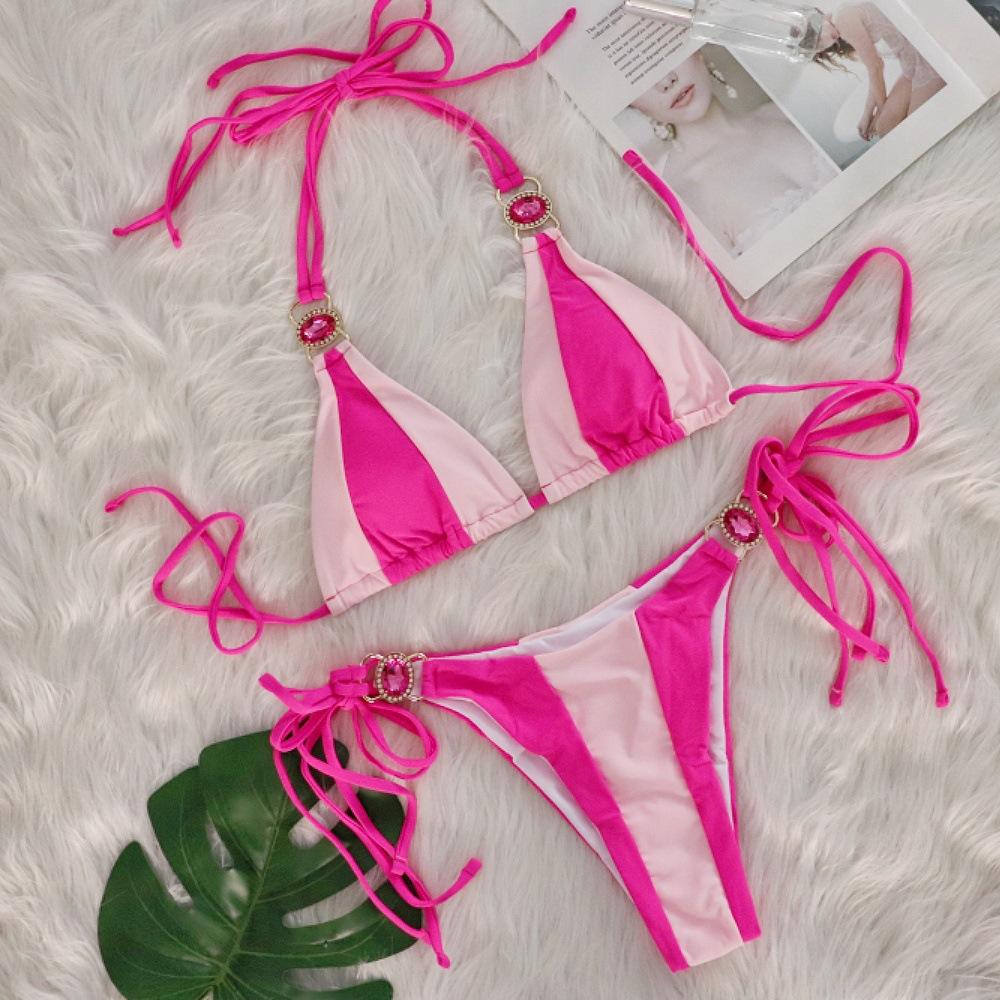Women's Pink Mint Color Block Halter Bikini Two Piece Swimsuit, Triangle Top With Emerald Rhinestone Metal Hardware, Side Tie String Bikini Bottom, Contrast Color Tropical Beach Bathing Suit for Summer Vacation Pool
