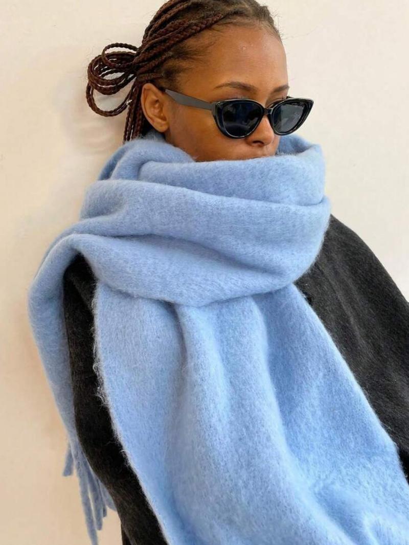 Solid Color Tassel Decor Fluffy Soft Scarf, Elegant Thickened Shawl for Women & Men, Fashion Accessories for Fall & Winter