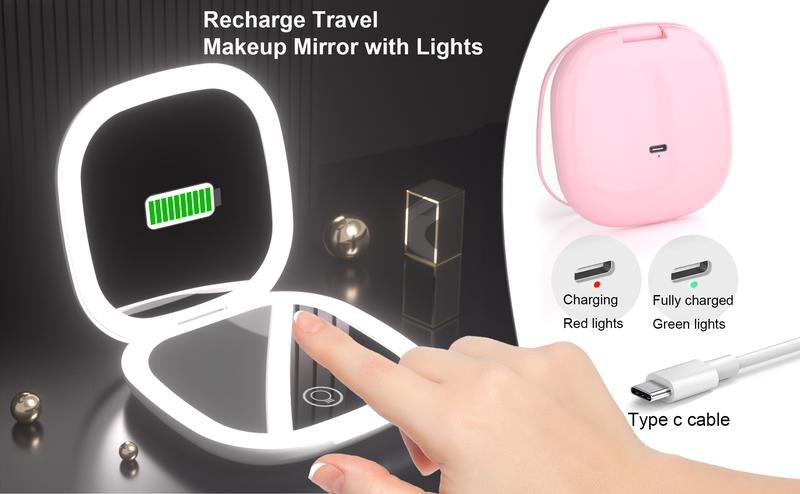 Compact LED Travel Makeup Mirror, Double-Sided Rechargeable Makeup Mirror with 3 Light Colors & Adjustable Brightness, Small Vanity Mirror Handheld
