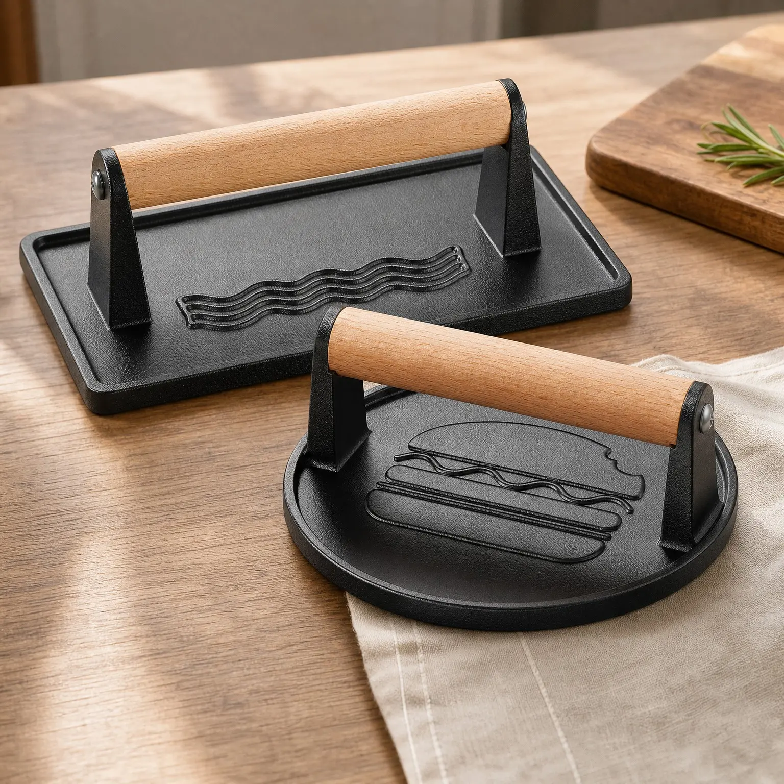Cast Iron Smash Burger Press 2-Pack, Pre-Seasoned Rustproof Meat Press with Wooden Handle, Flat Bottom, Non-Stick, Dishwasher Safe, Easy Clean, 6.6'' Wide, 2 lbGift
