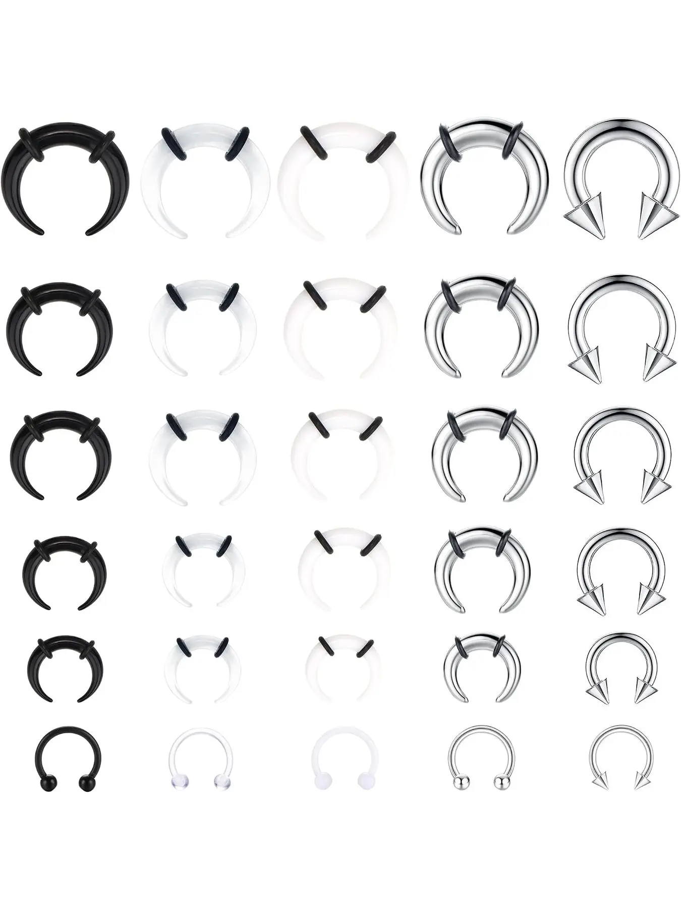 30Pcs Septum Stretching Kit For Women Men Acryli Stainless Steel 16G 14G 12G 10G 8G 6G Septum Pincher Tapers Horseshoe Septum Rings C Shape Septum Piercing Jewelry Nose Ear Cartilage Nose Rings Set