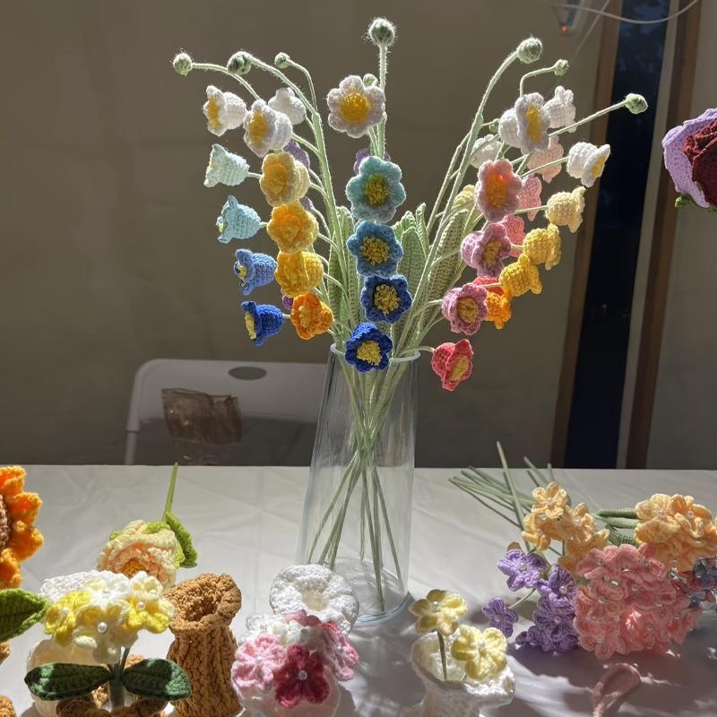 Handcrafted Crochet Flower Bouquet Set - Artificial Lilies, Carnations, Tulips & Forget-Me-Nots - Fabric Floral Arrangement for Christmas, Graduation, & All Seasons Decor - Tabletop Display