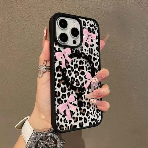 Leopard Print Bow Decorative Premium Magnetic Snap Phone Case - MagSafe Shockproof Acrylic Cover, Multi-Model Fits iPhone 16/15/14 Pro Max/13 Pro/13/12/11 Plus, Aesthetic Protective Mobile Accessory QXE719