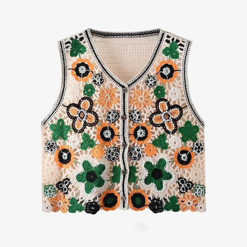 Women's Floral Crochet Vest Beaded Button Front V-Neck Sleeveless  Open-work Knit Cardigan Crop Top Vintage Boho Waistcoat