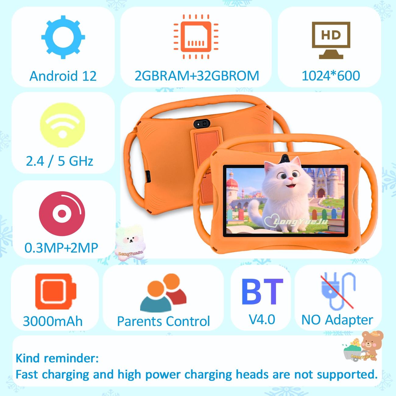 [GiftedInLove] Kids Learning Tablet 7 inch Android 12 Dual Cameras WiFi  Battery Protective Silicone Case Educational Apps Toddler Gifts Stress Relief Case Pink Blue New Year Gift