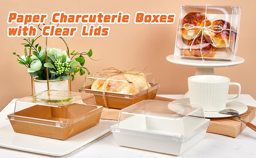 50 Pack 5 Inch Paper Charcuterie Boxes with Clear Lids, Square To Go Cake Slice Containers Small Kraft Bakery Boxes for Dessert, Cookies, Sandwich, Strawberries (Brown)