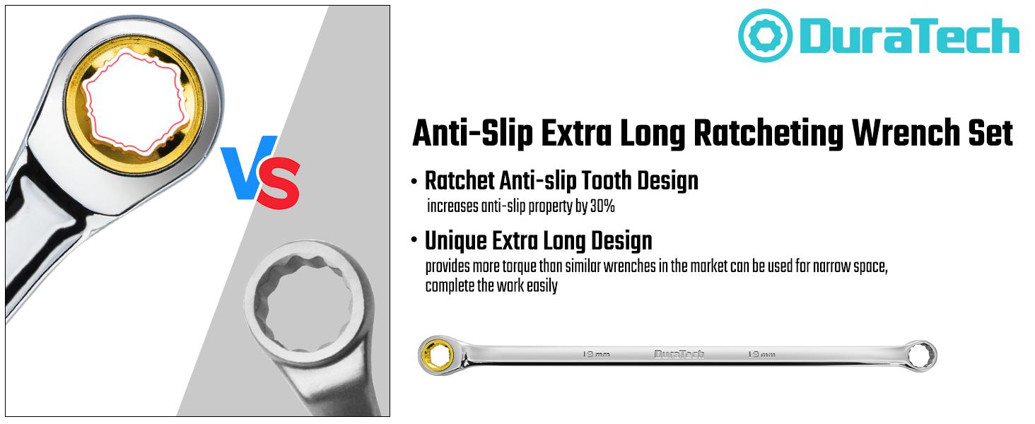 #JumpstartSale DURATECH Extra Long Anti-Slip Ratcheting Wrench Set, Double Box End Wrench Set, 9-Count, Metric, 10, 12, 13, 14, 15, 16, 17, 18, 19mm, CR-V Steel, with Rolling Pouch