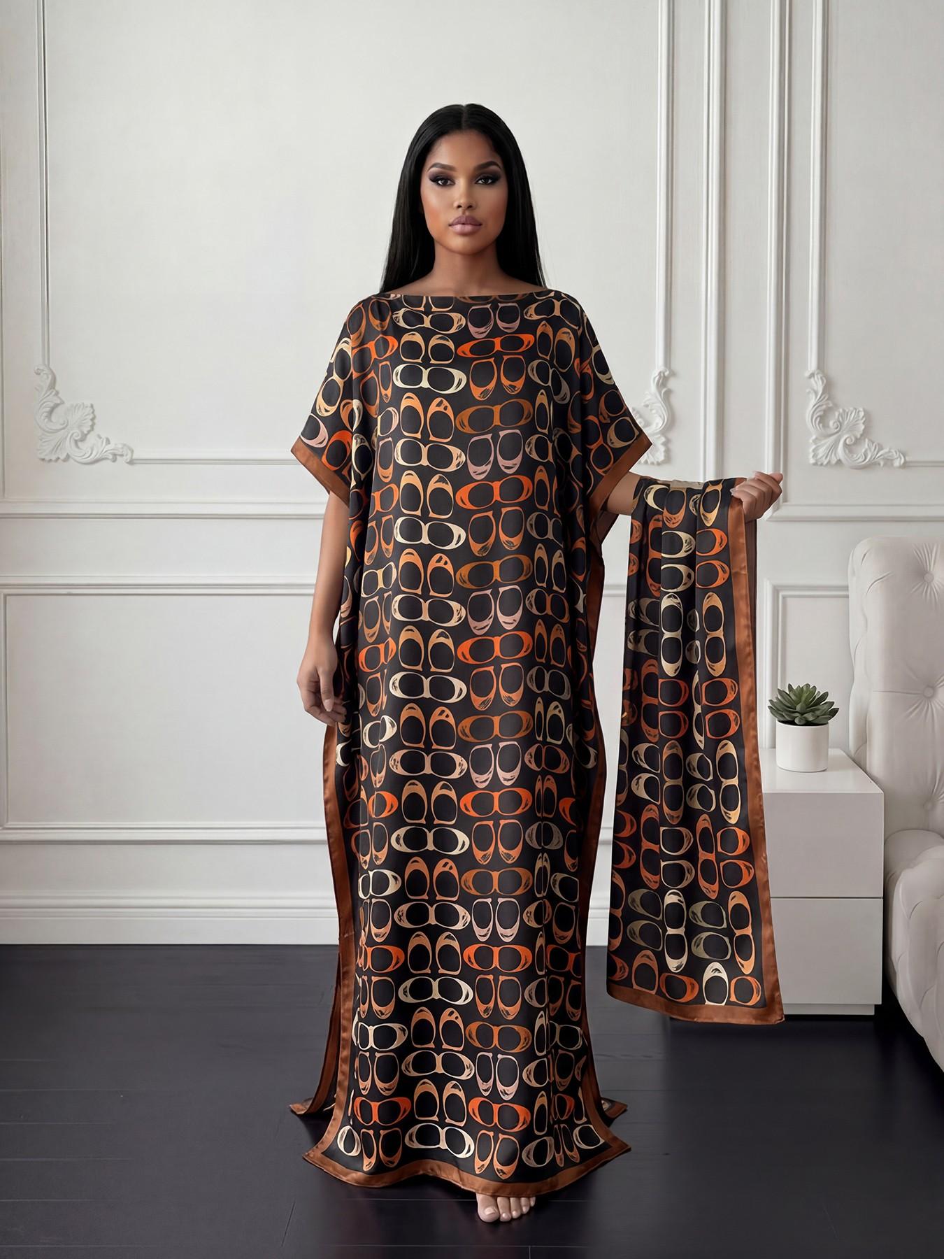Elegant Geometric Print Robe Set, Long Dress with Headscarf, Sun Protection Silk Scarf, Women's Beachwear, Stylish and Comfortable