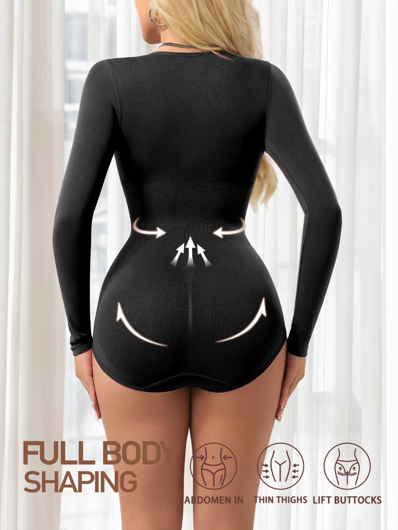 Women's Ribbed Abdomen Control Bodysuit, Long Sleeve Seamless T-Shirt, Comfortable Scoop Neck Bodysuit Stretchy Basic Tops, Fit Soft Elastic Fabric, Perfect for Daily Wear and Going Out, Shapewear for Fall&Winter