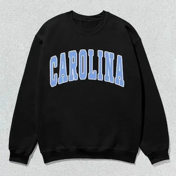 [Unisex] Carolina Letter Graphic Sweatshirt, Blue Collegiate Print Crewneck Pullover, Minimalist Preppy Style Long Sleeve Casual Streetwear Top for Men and Women, Everyday All-Season Outfit