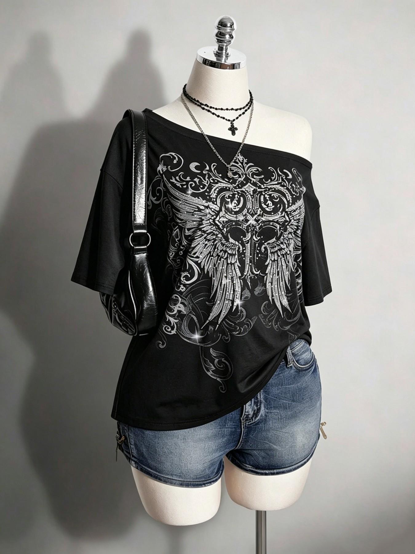 Women's Off-Shoulder Gothic Skull Print T-Shirt – Loose Short-Sleeve Top; Suitable for Streetwear, Punk, Casual, and Y2K Night-Out Looks