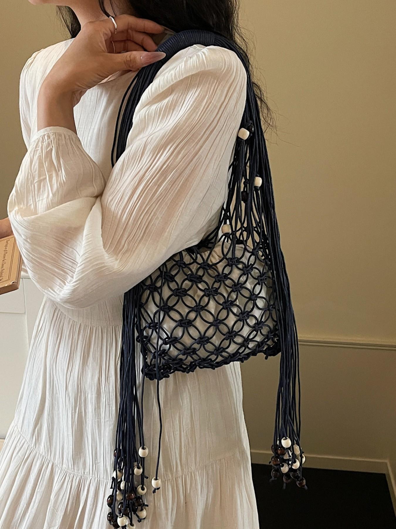 1pc Boho Macrame Fringe Shoulder Bag for Women, Handwoven Beaded Net Tote with Drawstring Lining, Summer Beach Woven Hobo Handbag