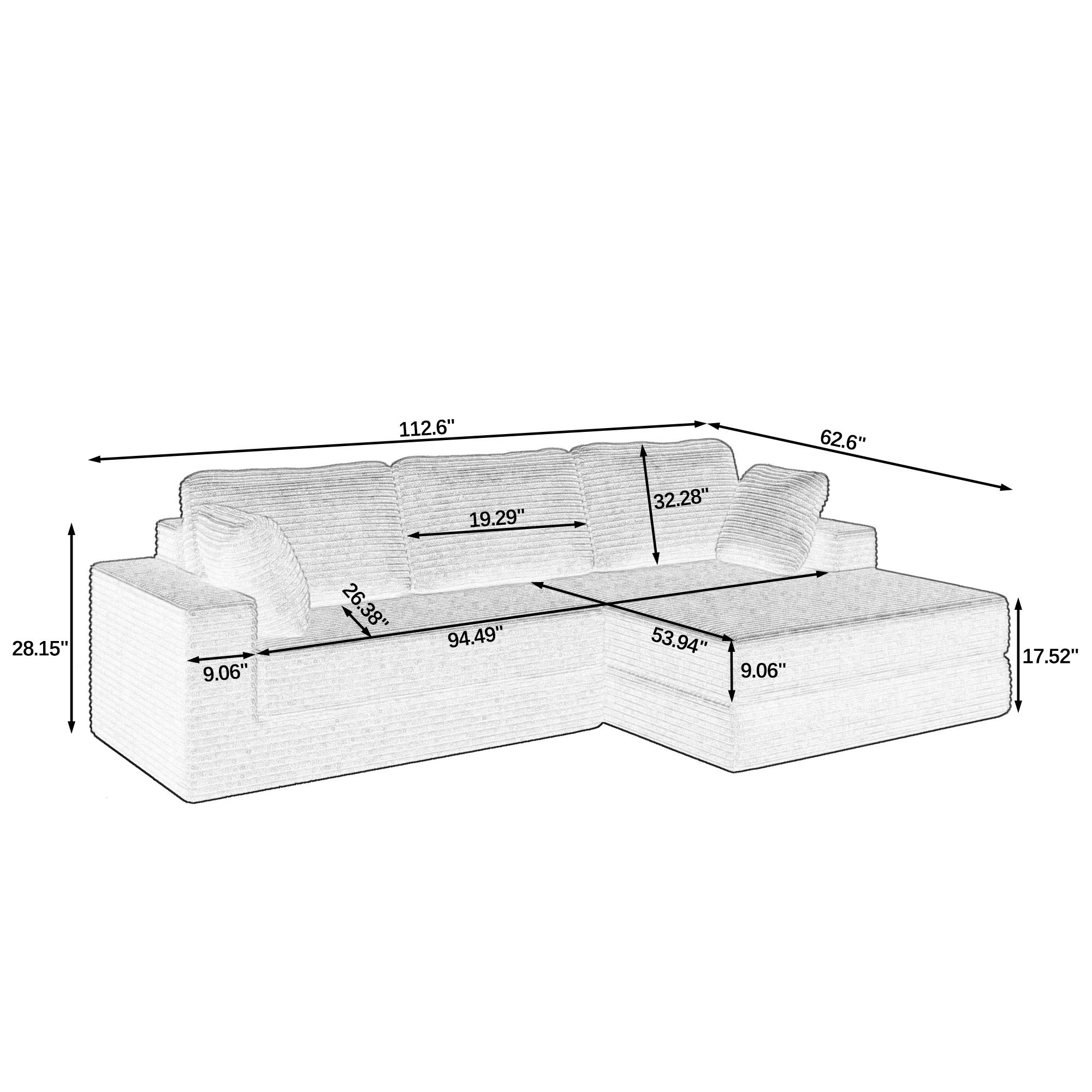 Niccae Right Seat L-Shaped Sectional Sofa,Compressed Corduroy,Modern Minimalist,Converts to Bed,Space-Efficient,sectional couch (2 Packages Shipping)