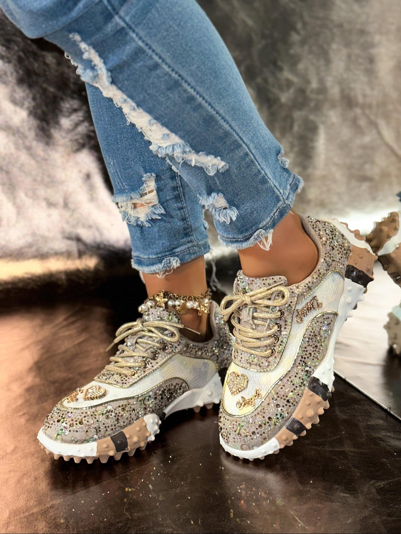 Women's Thick Sole Sports Shoes with Rhinestone Details, Fashion Casual Sneakers, with Letter Embroidery Design, Perfect for Daily Wear