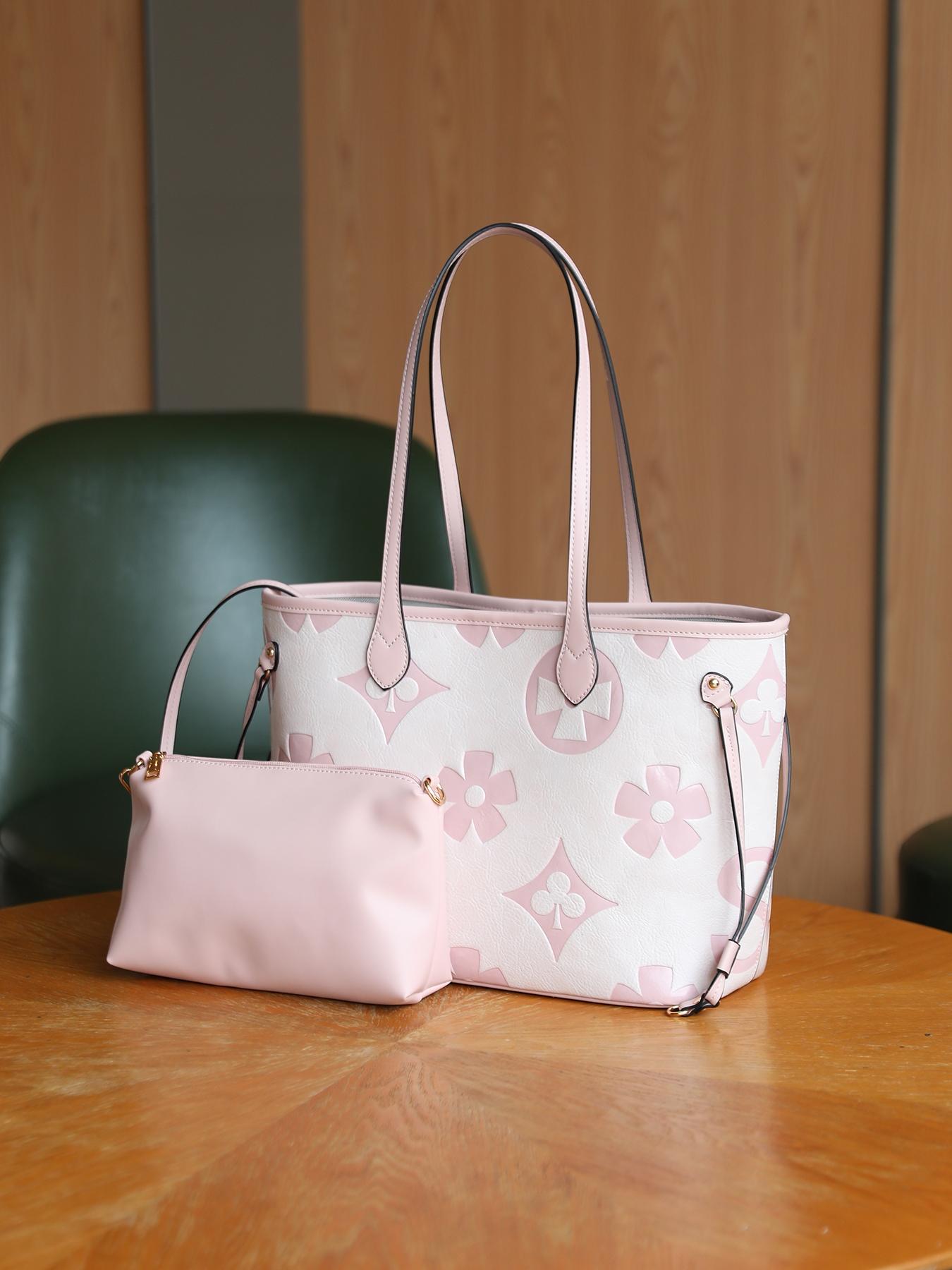 Women's Elegant Floral Embossed Tote Bag & Wristlet, Large Capacity Shoulder Bag, Fashionable Handbag Set for Daily Use