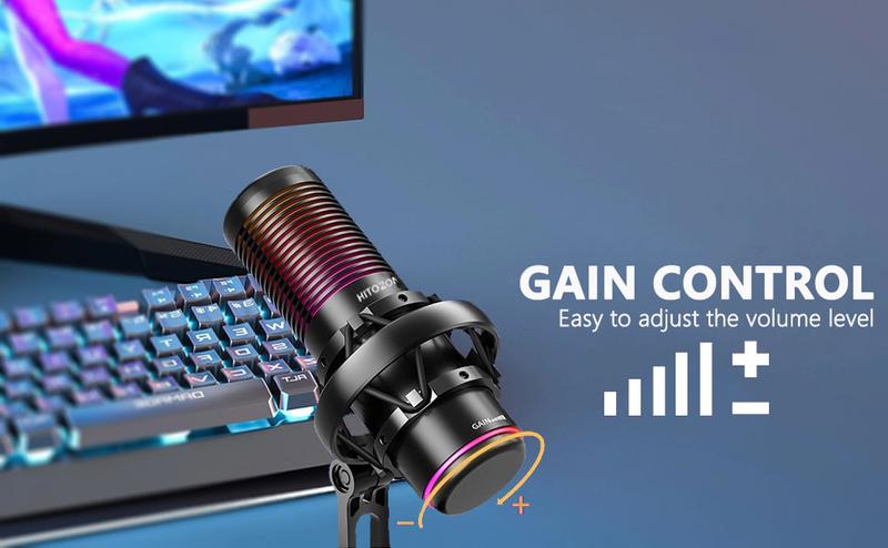 Hitozon USB Condenser Microphone for PC,PSP,Mac&Windows,RGB Gaming Microphone with Anti-Vibration Shock Mount,2 Polar Patterns,Pop Filter,Gain Control,Podcasts,Streaming,Plug&Play Noise Cancellation Condenser mic with Monitoring,Mute,Touch control