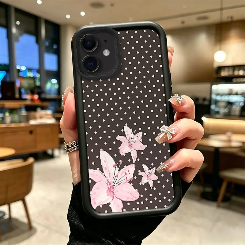 Durable Silicone Phone Case for iPhone 11, 12, 12 Mini - Enhanced Protection, Drop-Resistance, Celestial Eye Layered Design, Pink Lilies on Polka Dot Background - Mobile Phone Accessories BOJTNK6Y