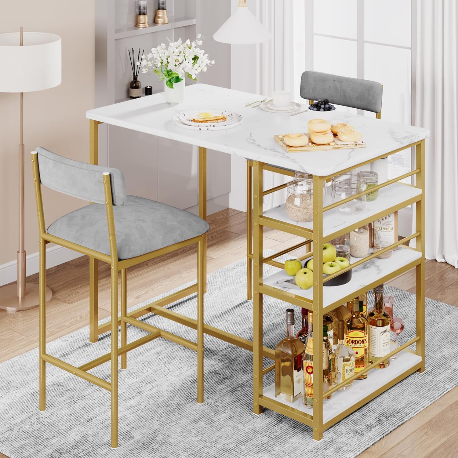 3-Piece Double Bar Table Set with 3-Tier Storage Shelves, Compact Kitchen Dining Table Set with 2 Upholstered Stools, Space-Saving Breakfast Nook for Kitchens, Taverns, Apartments