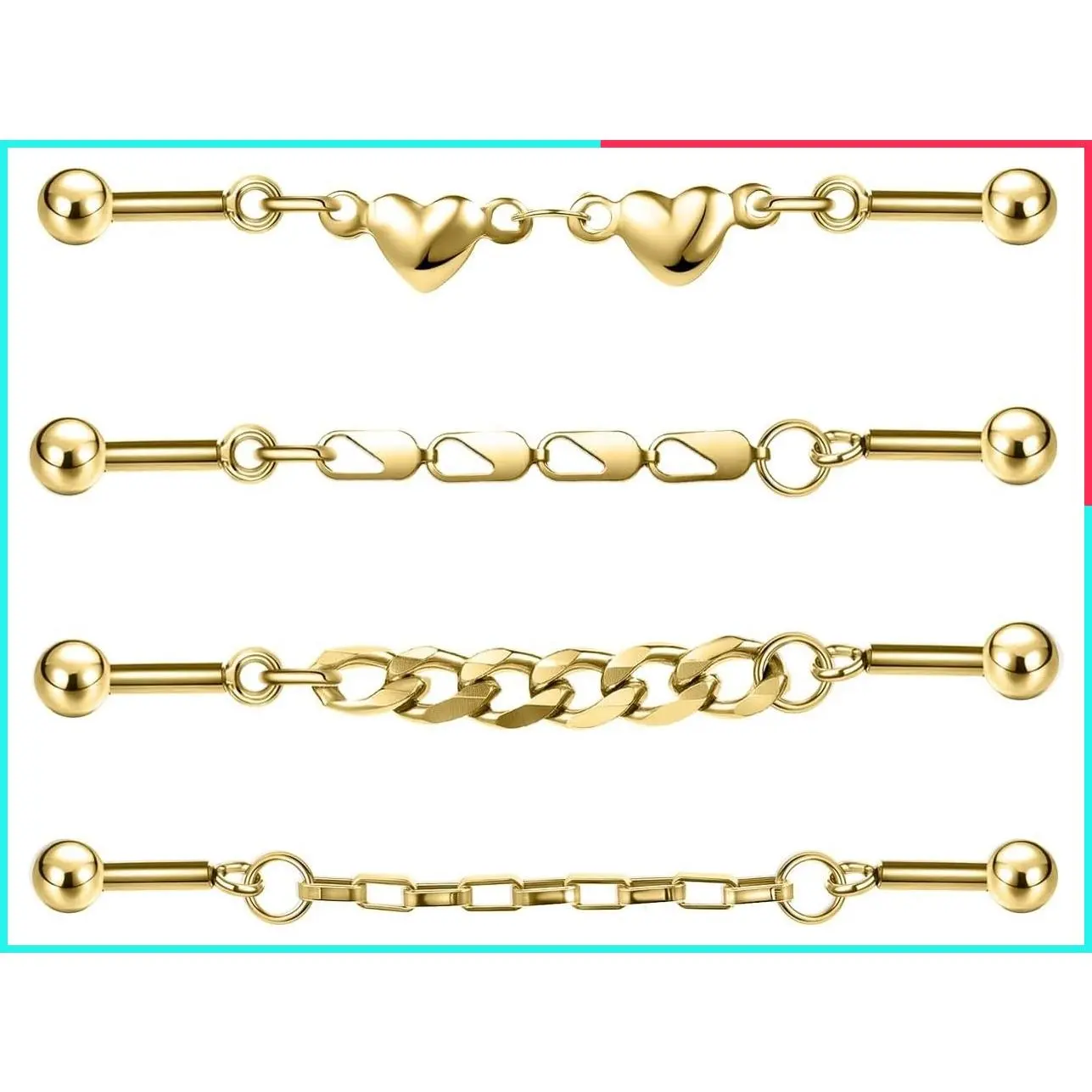 4Pcs 14G Industrial Piercing Jewelry Chain, Gold Industrial Barbell | 316L Surgical Steel, Hypoallergenic, Cartilage Helix Stud Earrings for Women Men
