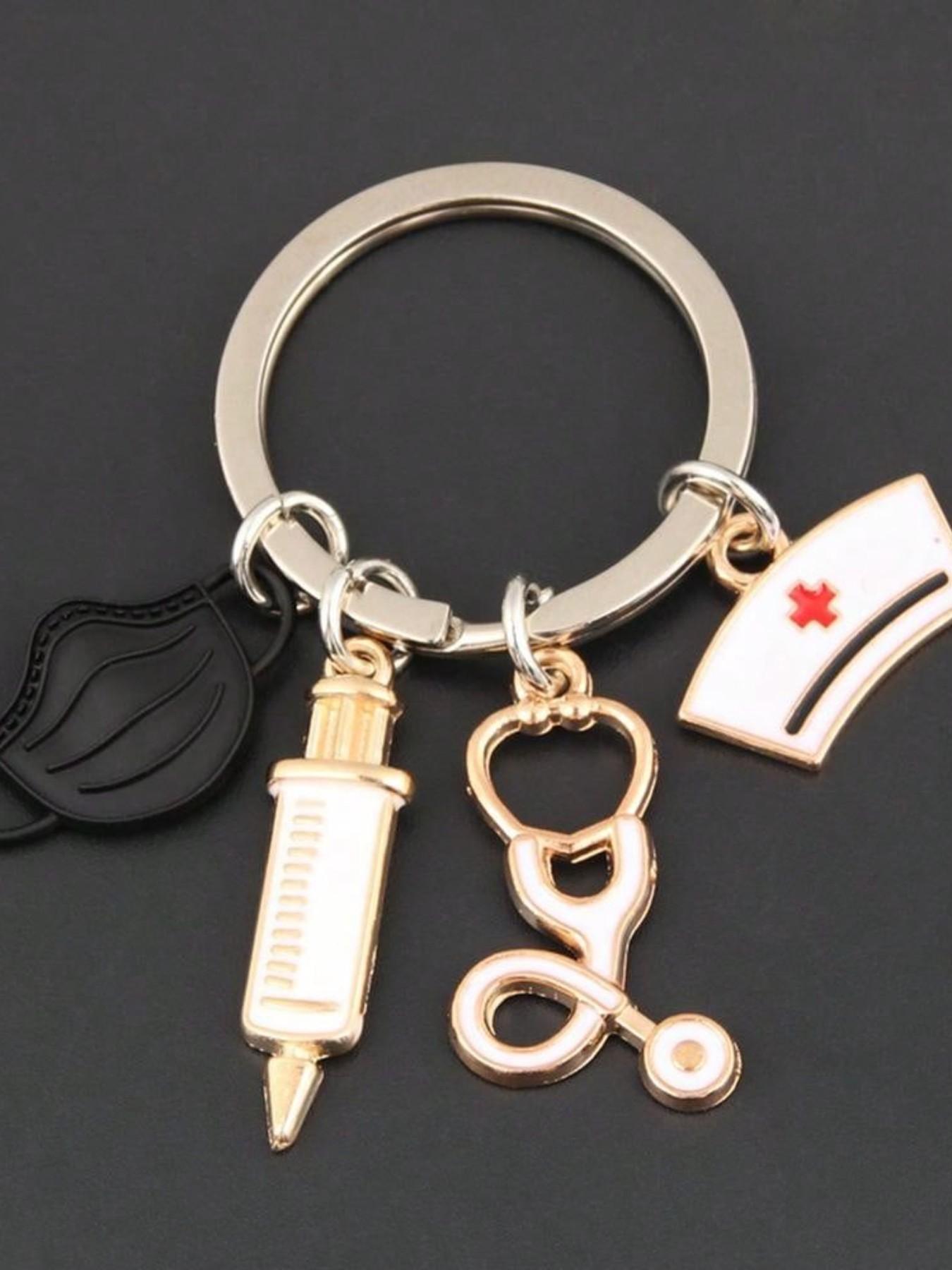 Nurse Mask Stethoscope Keychain Bag Charm, Cute Medical Tool Key Ring with Syringe Pendant and Nurse Cap Detail, Fashion Alloy Purse Accessory, Backpack Ornament, Car Key Holder and Scrubs Charm, Christmas Halloween Birthday Holiday Gift for Mom, Wife, Gi