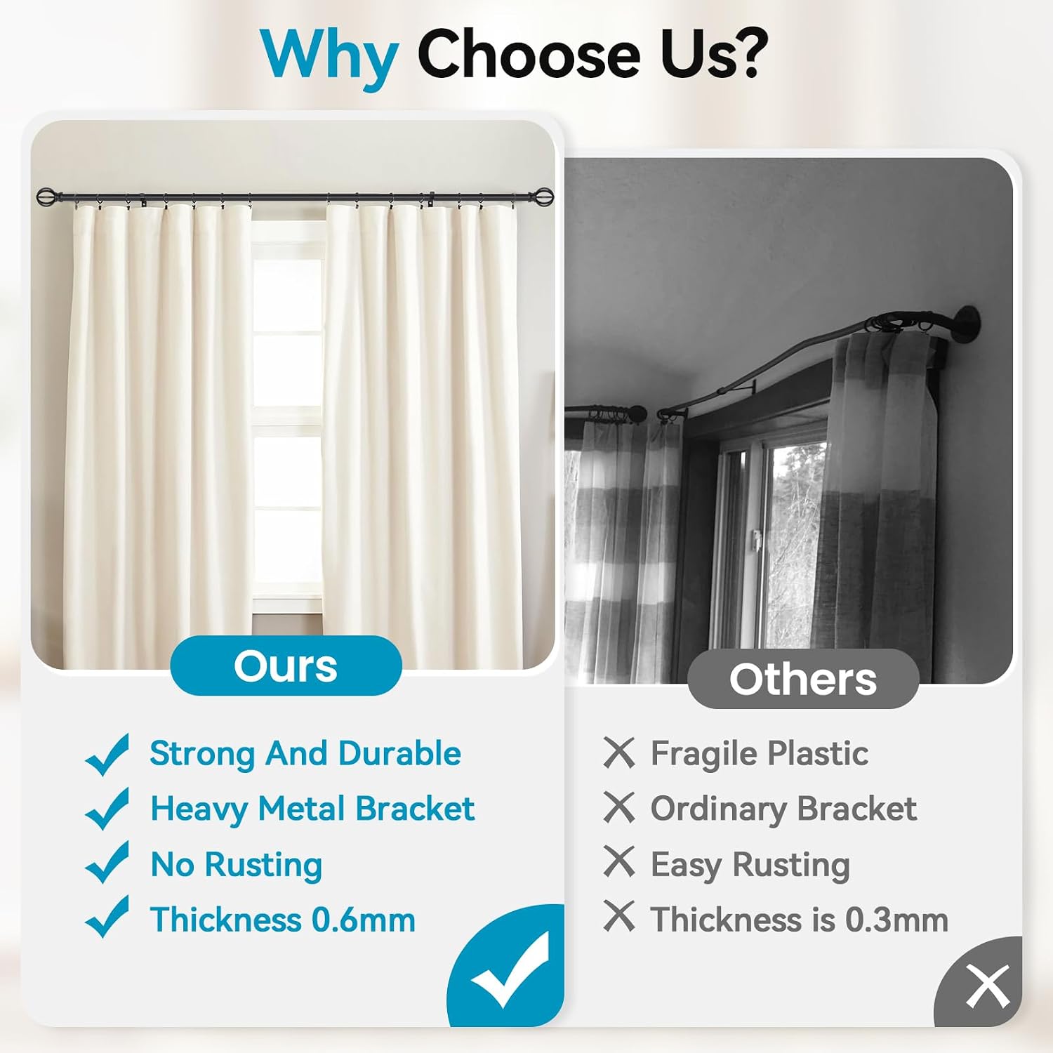 Heavy Duty Sturdy Black Curtain Rods for Windows, 28-48 Inches Adjustable, 5/8" Diameter Metal Drapery Rod With Mounting Brackets
