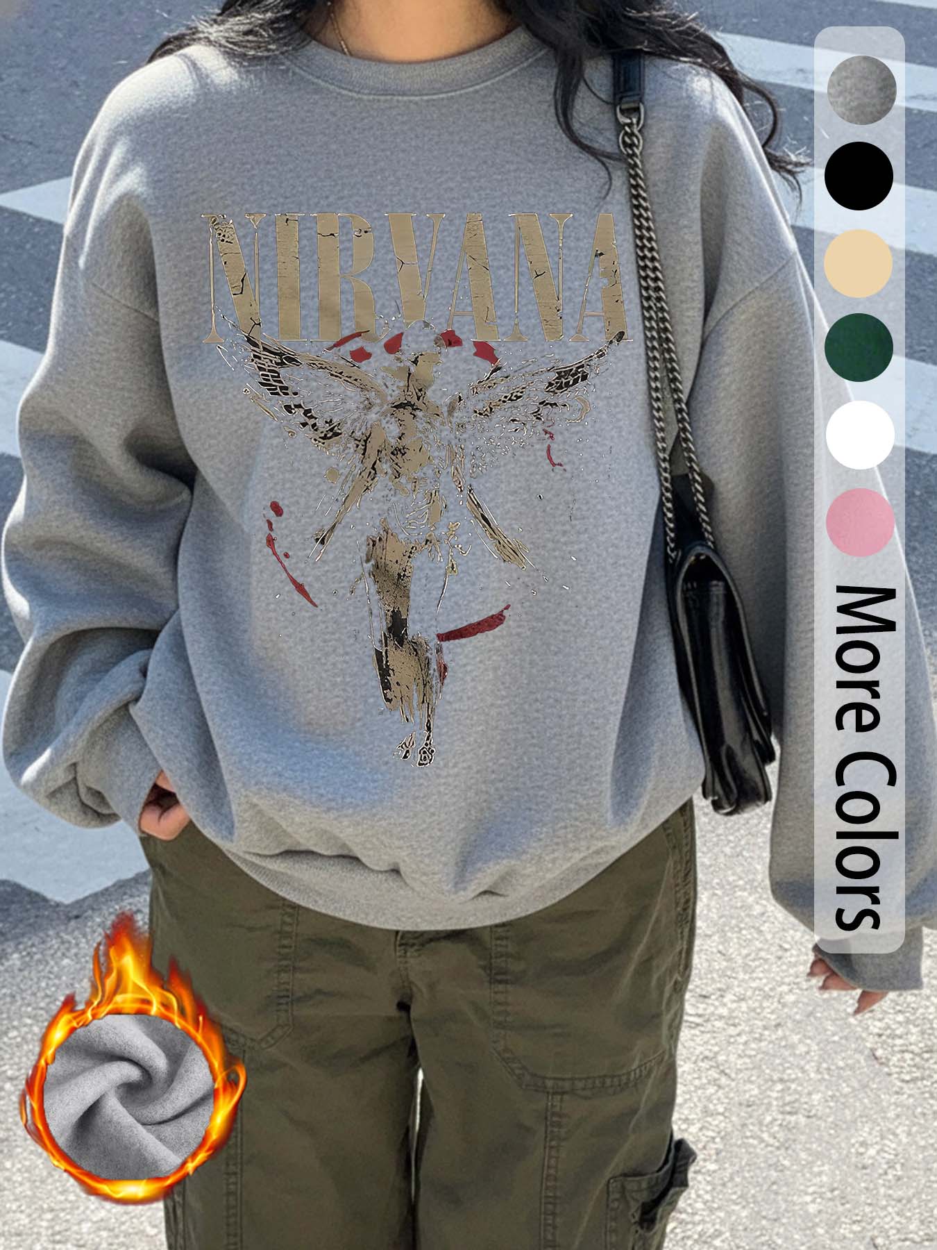 "Nirvana" Nirvana band pattern letter print, casual retro long-sleeved pullover, round neck casual sports women's pullover sweatshirt, autumn and winter plus velvet women's clothing