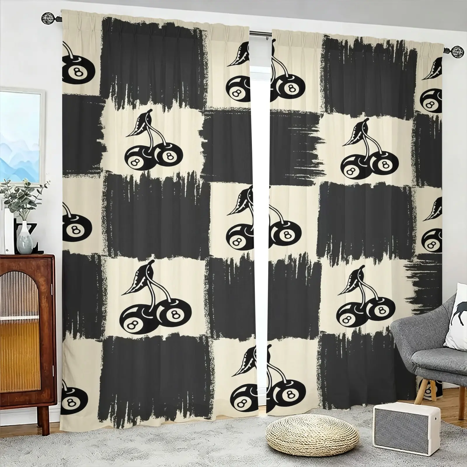 2pcs Y2k Retro-Style Size 8 Ball Cherry Print Curtains, Featuring A Stylish Checkerboard Pattern Digital Print, Brushed Fabric, Semi-Blackout Fabric (For Privacy), Fade-Resistant, And Rod-Mount Design; Suitable For Bedroom And Living Room Decor.