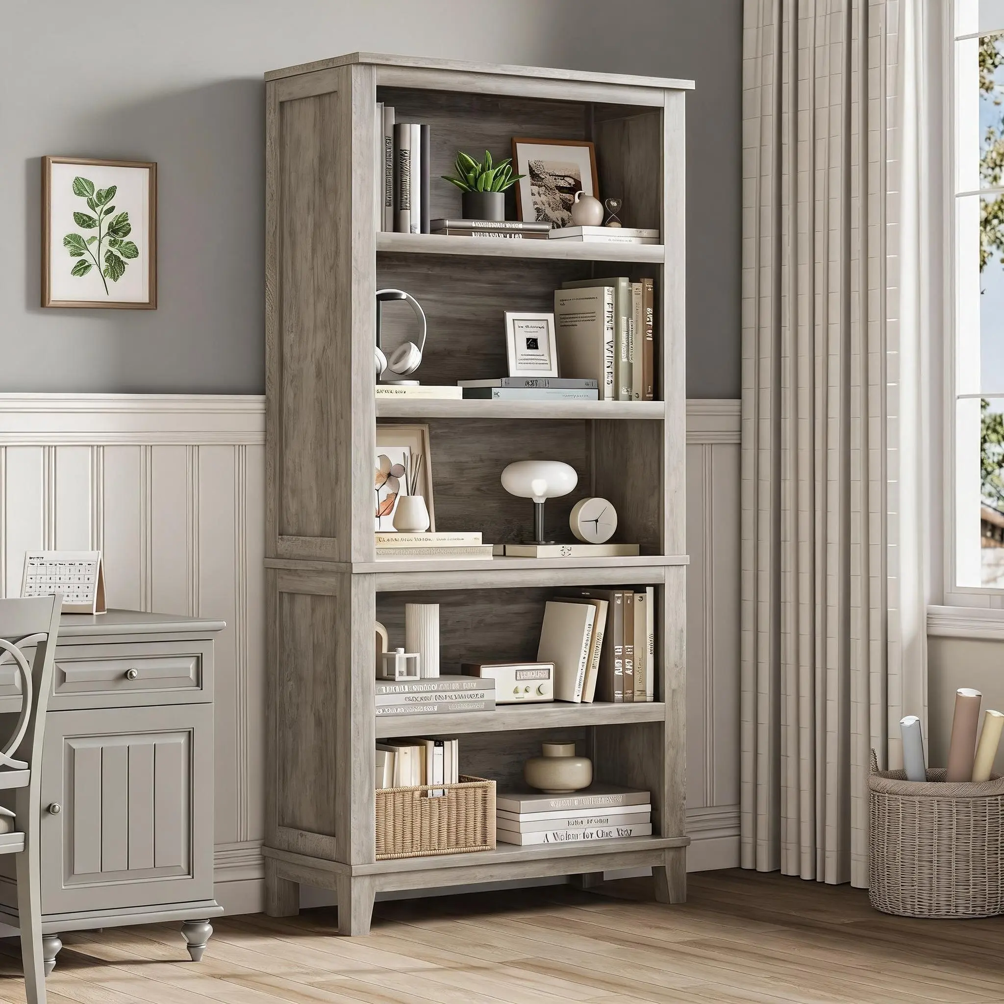 71" Bookcase w/Adjustable Shelves & 31.5 in Whidth, 5 Tier Tall Bookshelf with Wooden Legs, Rustic Vintage Bookcase for Living Room Office Library