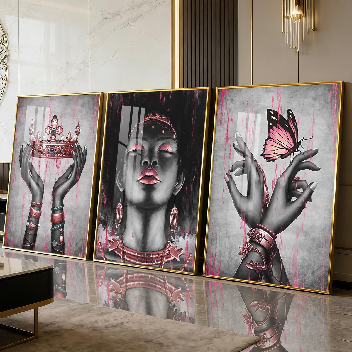3 Counts Aluminum Alloy Framed Painting, Elegant Black And Pink Crown Butterfly Lady Artwork, Home Decoration For Living Room, Bedroom, Office, Restaurant, Hallway Wall Decor, Odorless Print Artwork, Luxury Perfect Gift For Friends And Family