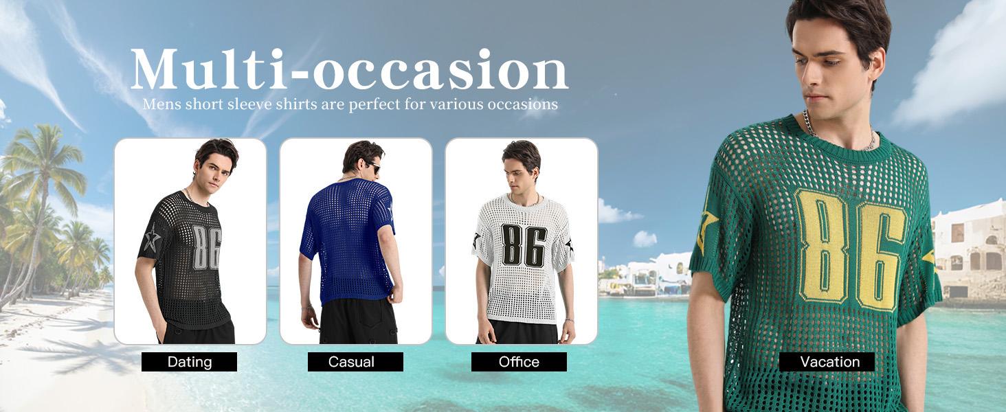 HYPESTFIT Men's Jacquard Hollow Out Knitted Sweater Shirt Street Life  Number Graphic Round Neck Shrt Sleeve Pullovers Top Football Style  Casual Knitwear