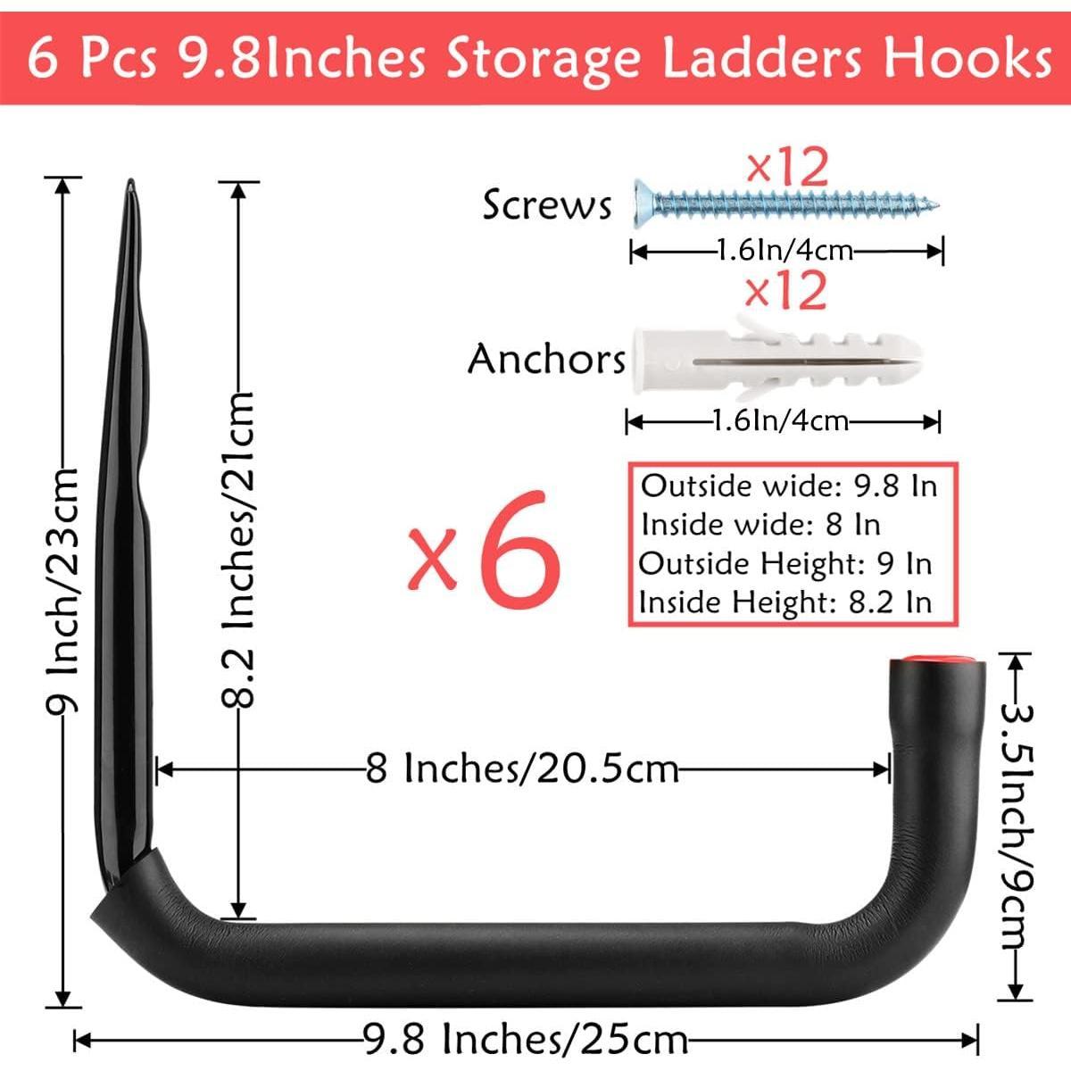 Garage Storage Ladders Hooks, 6 Pack Heavy Duty Utility Hanger, 9.8IN Wall Mount Rack Safely Holds 50 Pounds