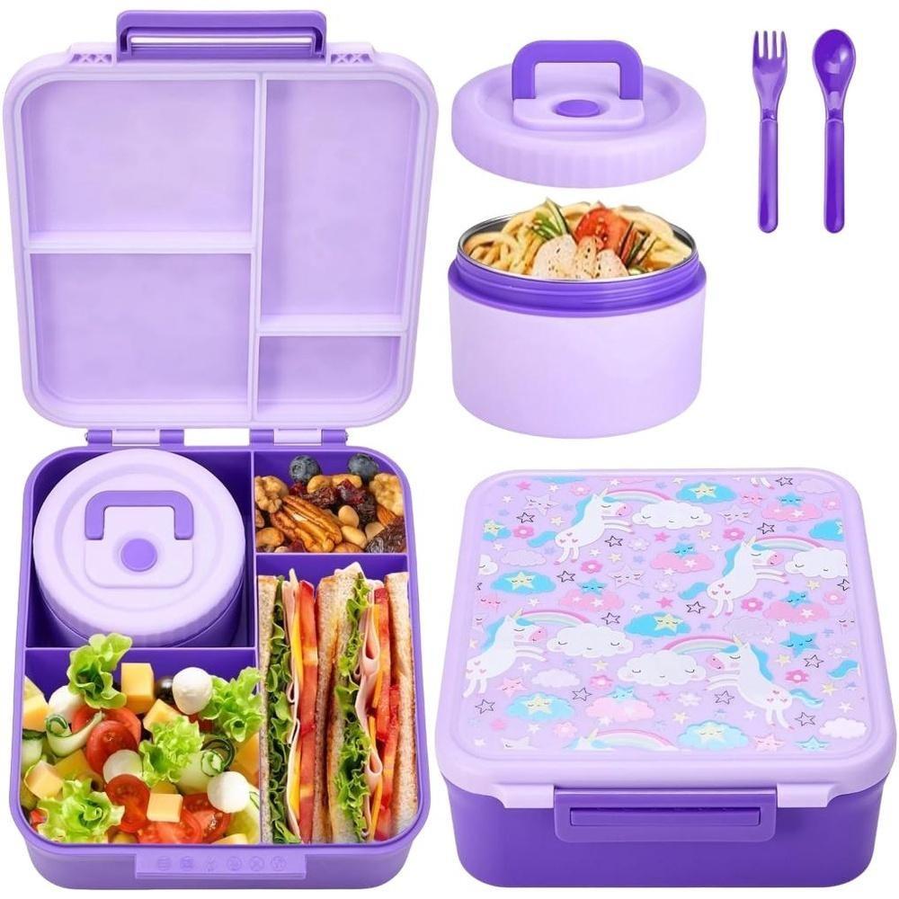 Cute Cartoon Bento Lunch Box with Soup Thermo, Kids Leakproof 4 Compartments, Insulated Food Jar for School Travel, Leak-Proof Bento Box with Spoon