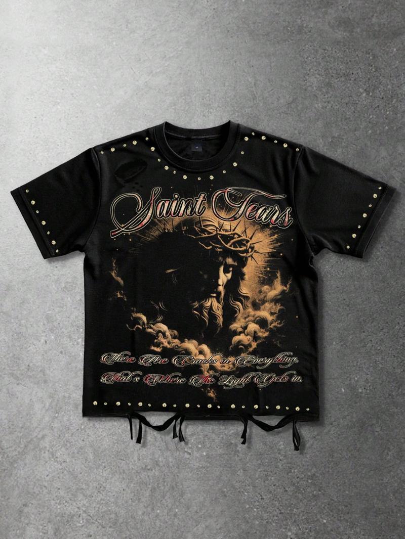 Jesus Christian printed short sleeved T-shirt for men loose fit, saint English letter believer aesthetic shirt T-shirt, street trend portrait Jesus geometric men's short sleeved retro American style