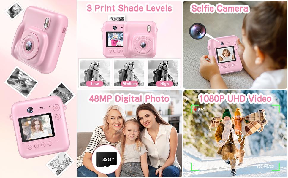 CAMKORY Kids Digital Camera, Dual-Lens Instant Print Camera, 48MP Selfie Camcorder with Lanyard | 4 Rolls Print Paper | 32GB Card | Safe & Eco-Friendly Design | Perfect Birthday Christmas Toddler Toy Camera for Kids Ages 4-10, Boys & Girls Pink