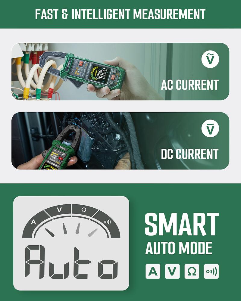 TESMEN TCM-300 Smart Clamp Meter Multimeter, 6000 Counts, Smart Measurement, Auto-Ranging with AC/DC Voltmeter, Non-Contact Voltage Detection, Measures AC/DC Volatge, Current, Resistance, Capacitance, Diode, Temperature, Continuity, Hz%