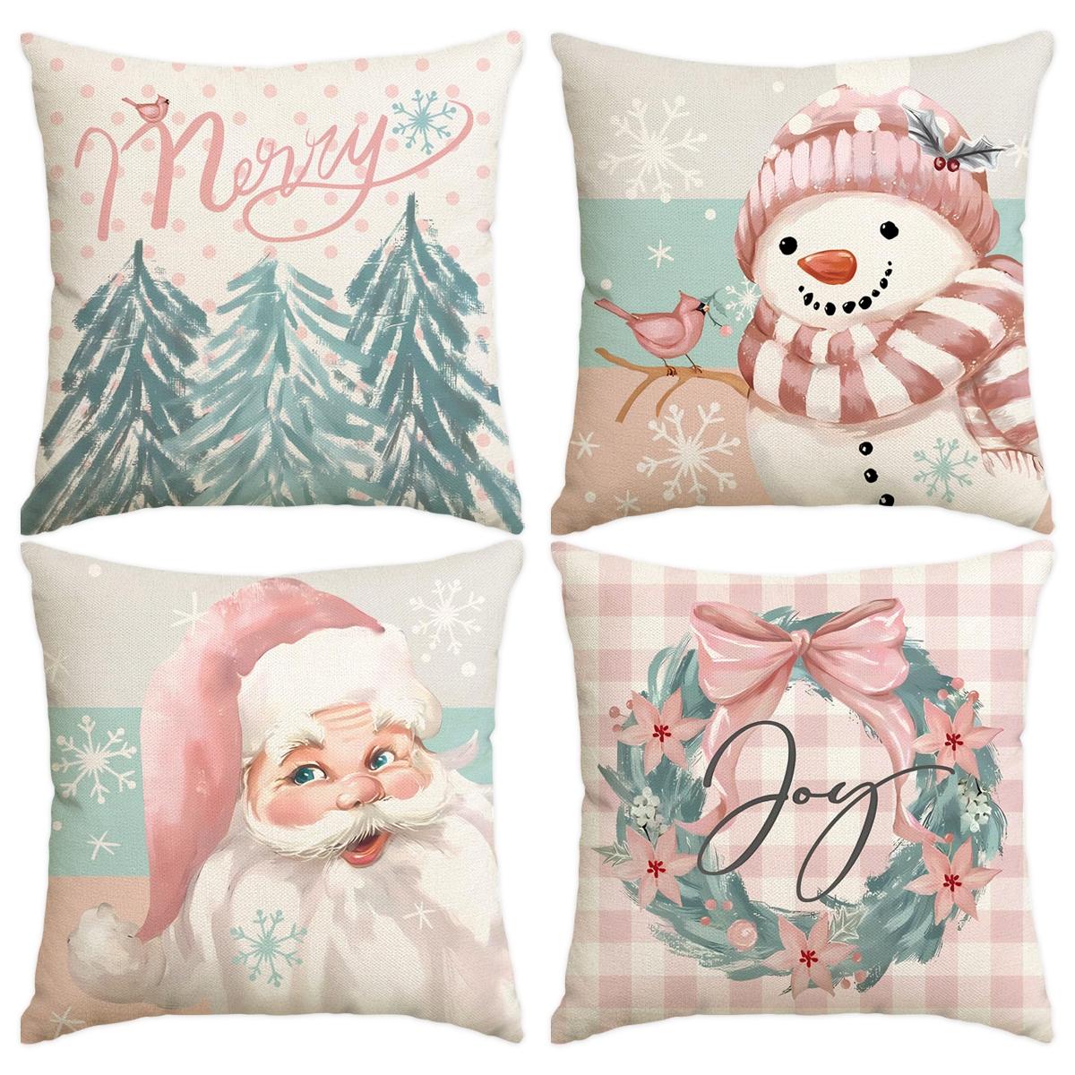 4pcs Christmas Pillow Cover, Santa Claus, Christmas Tree Snowman Pattern Single sided Printed Cushion Cover, Suitable for Christmas Bedroom, Living Room, Sofa, Farmhouse, Bed, Car Decoration Cushion Pillow Cover (No Pillow Core)