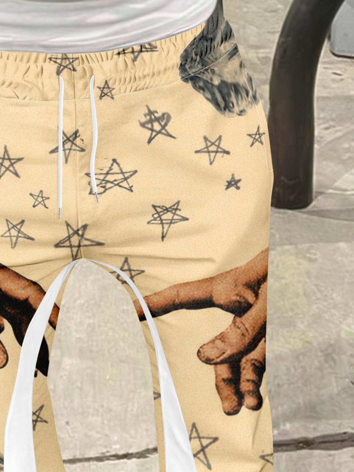 Vintage Men's Renaissance Print Pants, Loose Bell Bottoms, Drawstring Sports Long Pants, 3D Soft Breathable Fabric, Casual Daily Wear