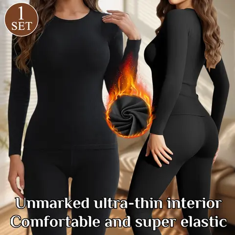 Women's 2-Piece Long Johns Thermal Underwear Set, Fleece Lined Base Layer ,Soft Stretchy Slim Fit Round Neck, No-Bulky Invisible Warm Undershirt & Pants for Cold Days,S‑5XL, Womenswear Black Curvy Ladies