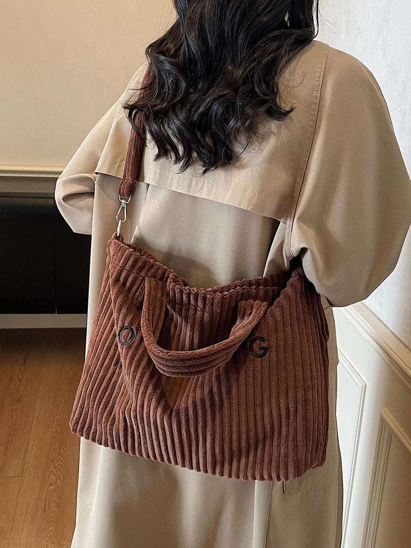 Leisure daily commuting shoulder bag, three-dimensional stripe letter embellishment design, retro simple versatile single shoulder bag, suitable for students to attend classes commuting, shopping and travel, Crossbody Tote Bag