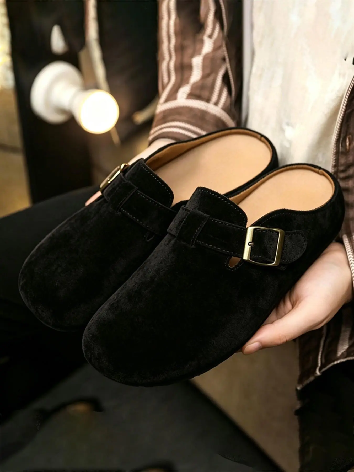 Men's Suede Buckle Mule Slippers Slip On Flat Casual Shoes, Adjustable Strap Comfort Footwear For Daily Indoor Outdoor Leisure Scenarios All Season Wear