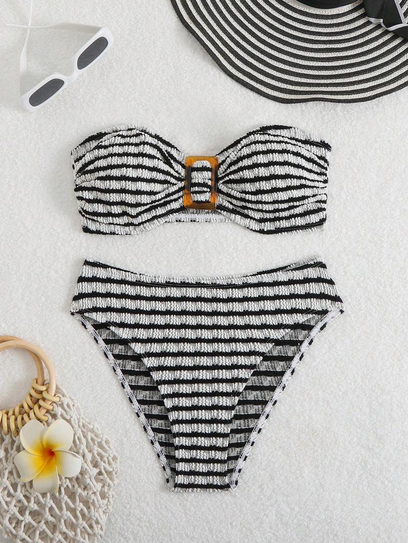 Women's Summer Beach Colorblock Sexy Halter Bikini Set, Strapless Two-Piece Swimsuit, Fashionable Swimwear for Women, Bandeau Bathing Suits