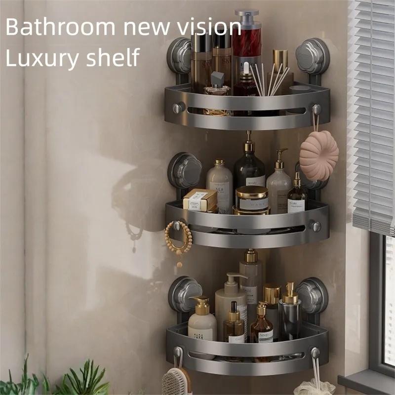 2-3-Pack Gun Gray ABS Triangular Suction Cup Shower Caddy 3-Tier Corner Shelves No Drilling Bathroom Organizer 40lbs Load Capacity Towels Hook Toiletries Storage Rack