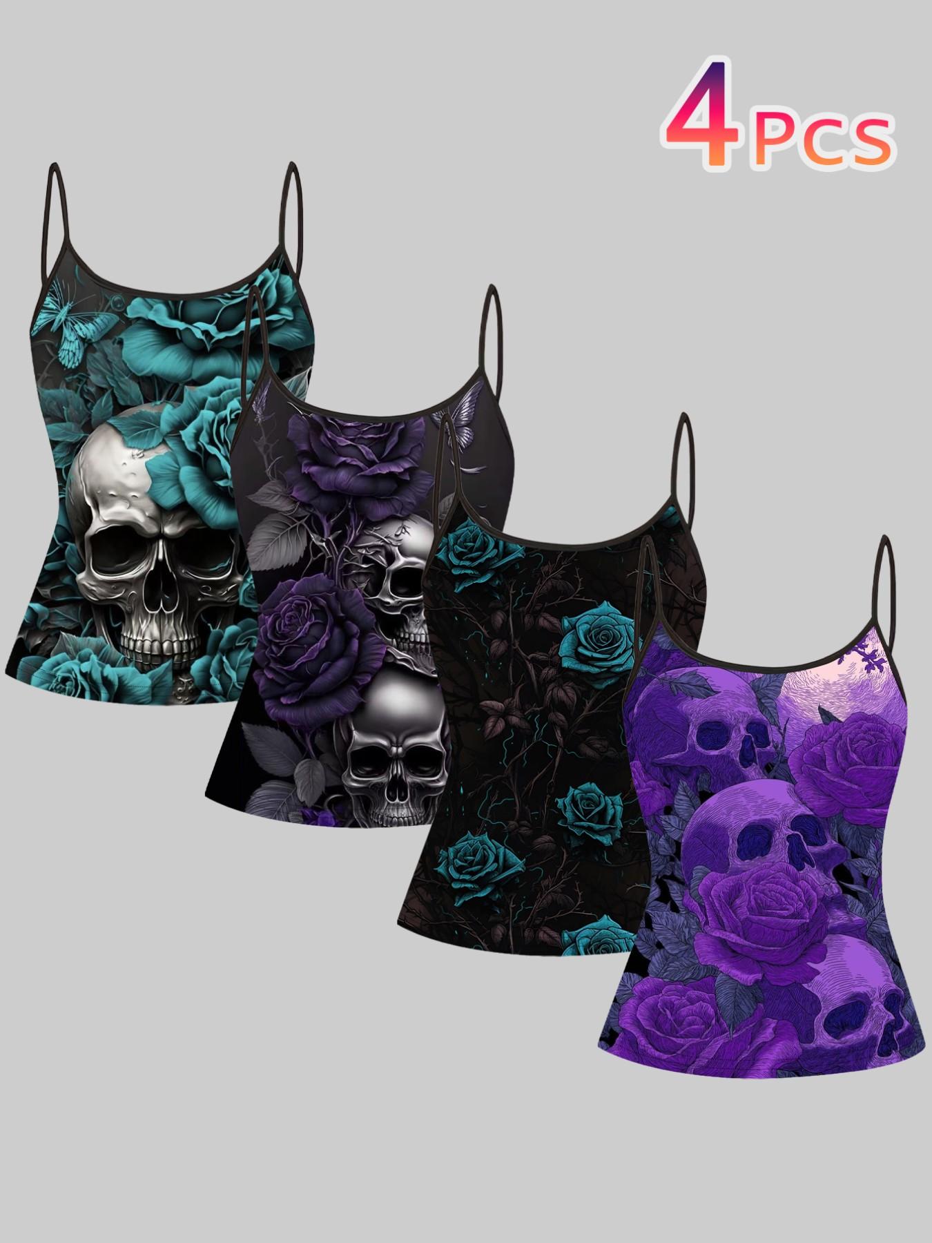 Gothic Skull Rose Print Strappy Top, Summer Home Sleepwear, Casual Slim-Fitting Outerwear, Unique Bodycon Shirt Set of Four
