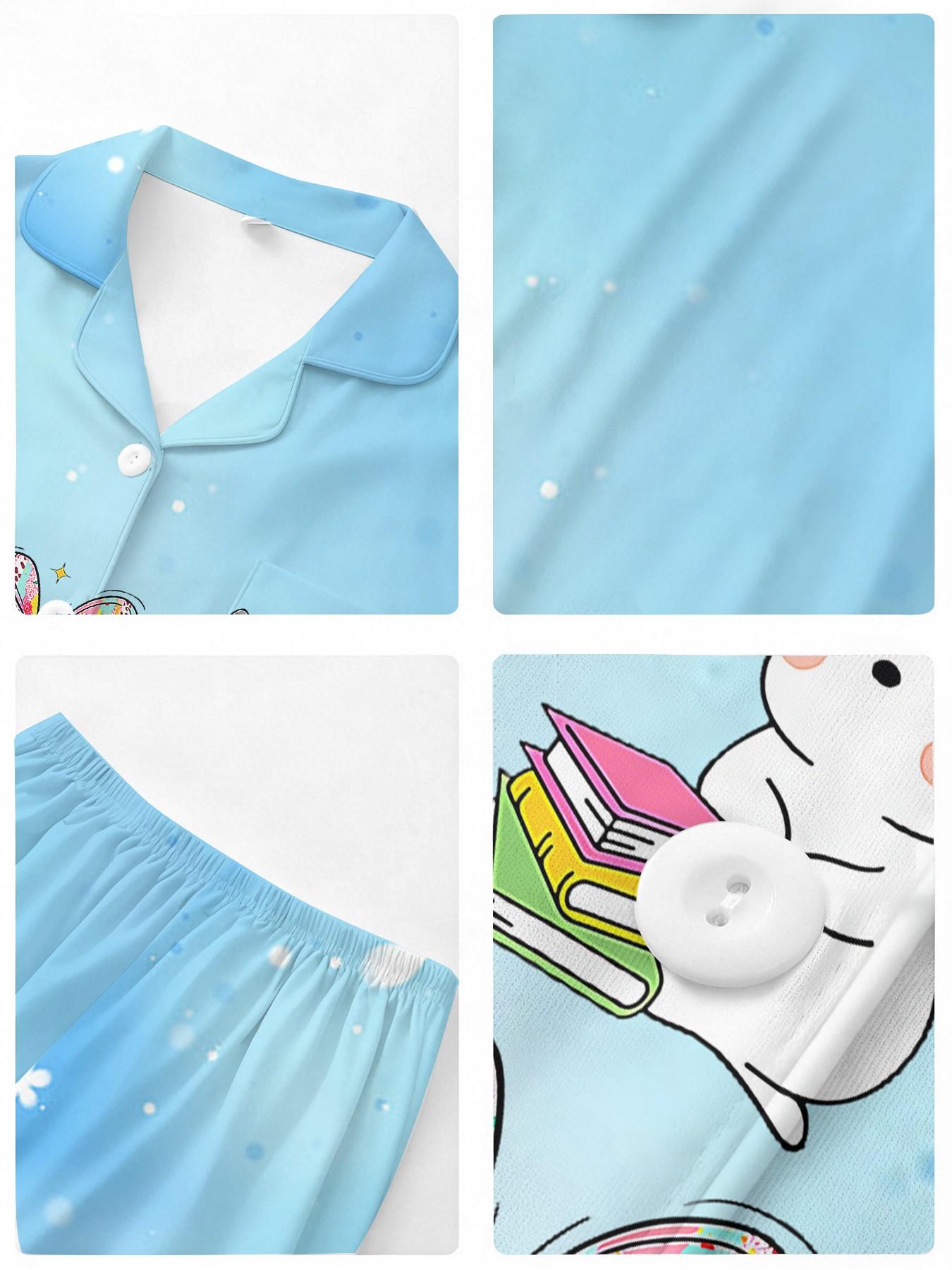Family Theme Rabbit Bow Sleepwear, Fresh Milk Blue, Mother-Daughter Atmosphere, Casual Slim-Fitting Pajamas, Random Print Design